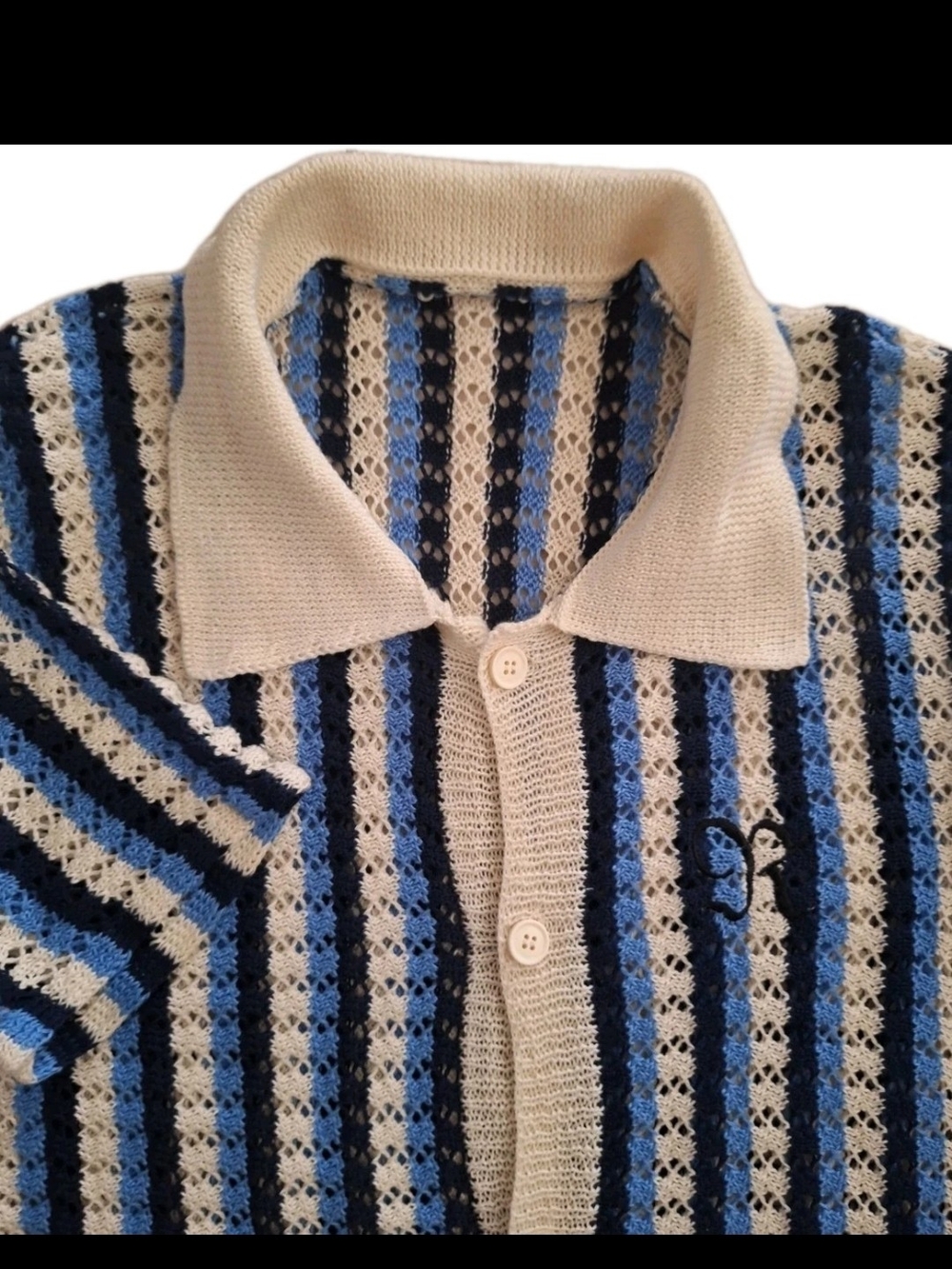 Crochet Shirt Men Sz L Short Sleeves  Stripes Blue White ROMWE R Embroided